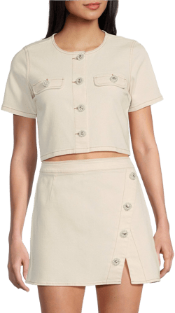 GB Woven Denim Pearl Button Top