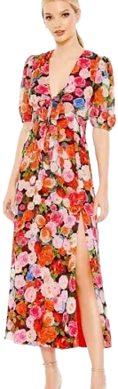 Mac Duggal Women's Floral Print Front Tie Puff Sleeve Flowy Midi Dress