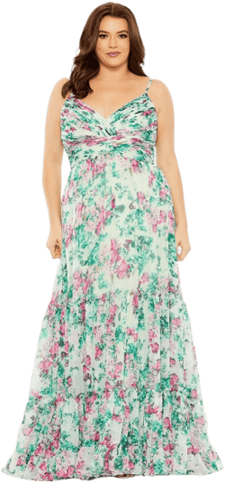 Mac Duggal Women's Floral Printed Tiered Ruched Chiffon Gown