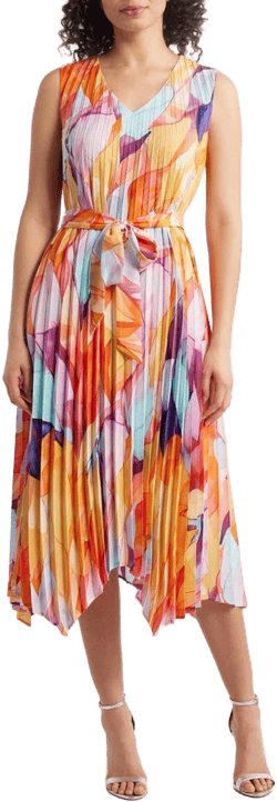 Tahari ASL Women's Pleated V-Neck Trapeze Midi Dress