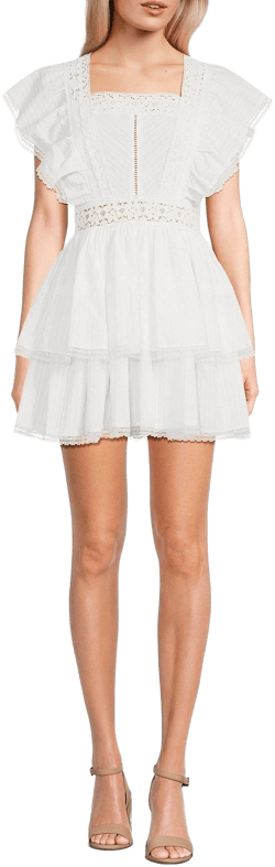 Juniors Lace Square Neck Flutter Sleeve Tiered Mini Dress