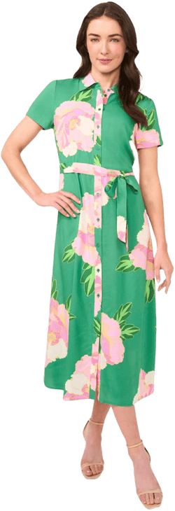 CeCe Women's Floral Print Button-Front Midi Shirtdress