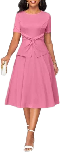 Rosewe Fit and Flare Midi A-Line Twist Round Neck Short Sleeve Dress