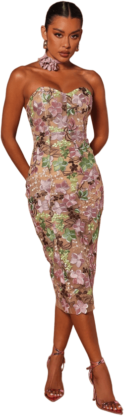 Fashion Nova Tiana Floral Strapless Mesh Midi Dress
