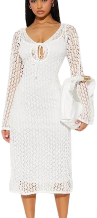 Fashion Nova Joanna Crochet V-Neck Long Sleeve Midi Dress