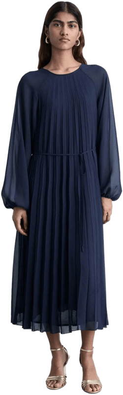 MANGO Women's Pleated Long Sleeve Belted Dress