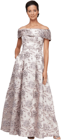 Alex Evenings Women's Floral Metallic Brocade Off-the-Shoulder Ballgown with Pockets