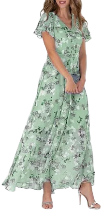 Floral Print V-Neck Flutter Sleeve Flowy Maxi Dress