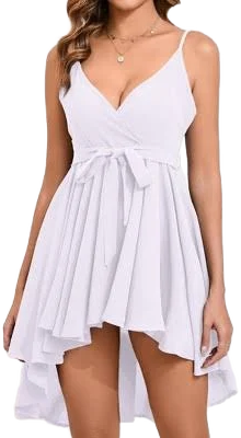 Women's V Neck Spaghetti Strap Sleeveless Wrap Ruffle Hem Dress