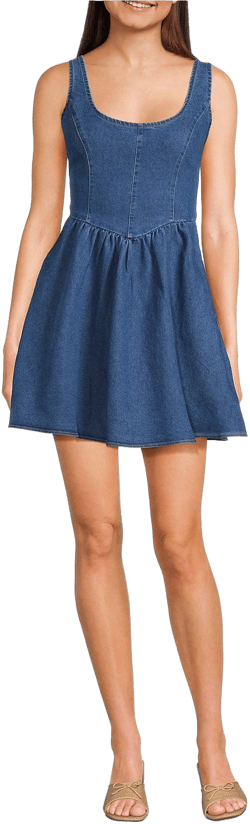 Juniors Evolutionary Denim Scoop Neck Corset Inspired Pleated Dress