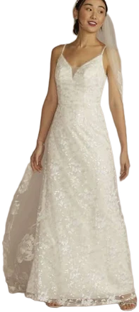 DB Studio Sequin Floral A-Line Spaghetti Strap Wedding Dress