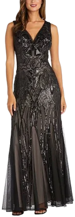 Womens R & M Richards Sequined V-Neck Godet Gown