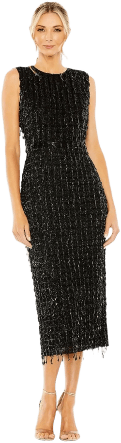 Mac Duggal Women's Sleeveless High Neck Beaded Midi Sheath Dress