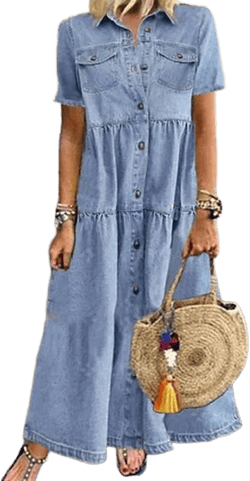 Women's Casual Denim Maxi Dress with Button Pockets