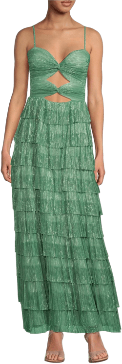 Gianni Bini Women's Grace Metallic Plisse Sweetheart Neck Cut-Out Tiered Dress