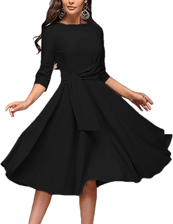 FENJAR Women's Elegance Audrey Hepburn Style Ruched 3/4 Sleeve Midi A-line Dress