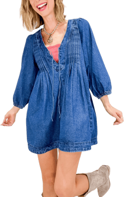 V-Neck Sleeveless Pleated Denim Dress