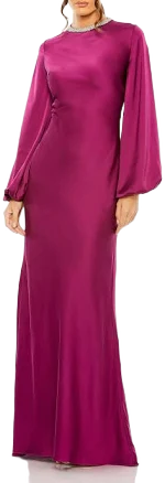 Women's Mac Duggal Satin Long Blouson Sleeve Evening Gown