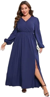 Women's High Waist Long Sleeve Wrap Maxi Dress with Side Split