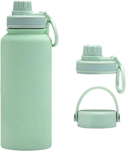 Mint Green 32 Oz Insulated Water Bottle, Large Metal Stainless Steel Water Flask, Big Sports Travel Mens Water Bottle For Gym, Iking, 1 Liters Leakproof Insulated Thermal Bottle With 2 Lids