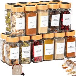 FINESSY Bamboo Glass Spice Jars with Labels and Shaker Lids Clear Empty 4oz 24 Pack Bottles Set, Glass Spice Containers with Labels, Seasoning Organizer Jars Farmhouse White Spice Labels