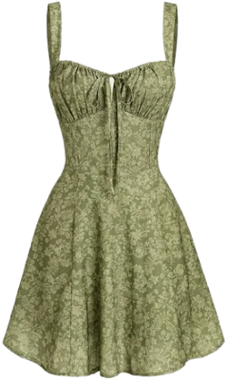 Rihoas Cottagecore Jacquard Mini Dress with Lace-Up Back
