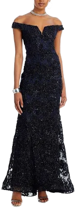 AQUA Women's Off-the-Shoulder Embellished Lace Gown