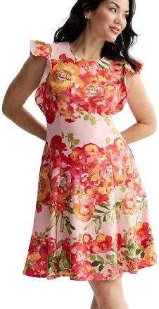 Ali RO Women's Floral Jewel Neck Ruffle Sleeve Fit & Flare Dress