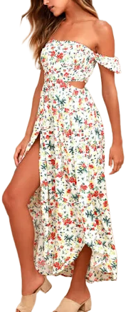White Easy on the Eyes Cream Floral Print Off-the-Shoulder Maxi Dress Womens