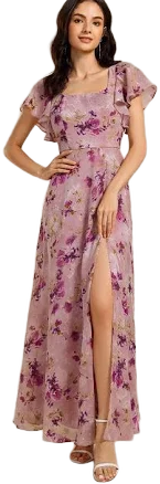 Ever-Pretty Floral Print Flutter Sleeve Maxi Dress with Side Split