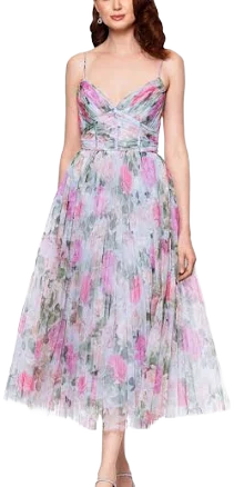 Betsy & Adam Women's Floral Print Pleated Tulle Midi Dress