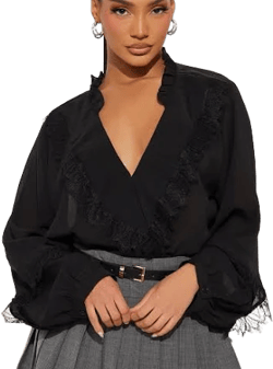 Fashion Nova Lace Trim Ruffle Long Sleeve Blouse