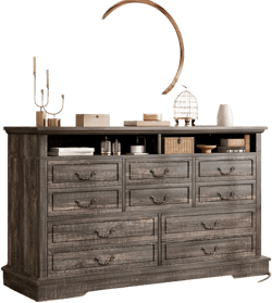 EnHomee 55.2''W Dresser for Bedroom, Wood Dresser with LED & Power Outlet, Vintage 10 Drawer & Chests of Drawers, TV Stand, Closet,Hallway, Dark Rustic Oak