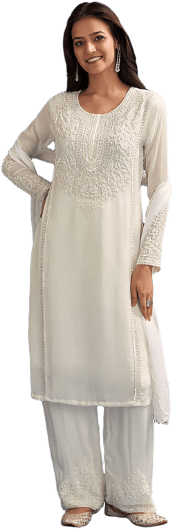 White Chinon Kurta Set With Sequins And Cut Dana Work