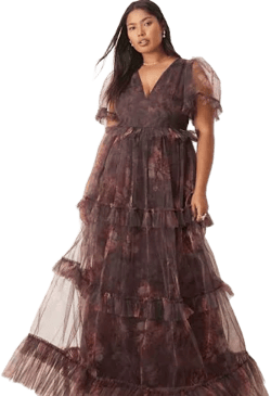 Lace & Beads Plus Sheer Sleeve Ruffle Maxi Dress