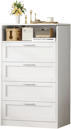 USIKEY Tall White Dresser for Bedroom, 4 Drawer Dresser with Mirror, Modern Chest of Drawers, Wood Closet Clothes Storage Organizer for Bedroom, White