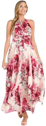R & M Richards Women's Floral-Print Halter Gown with Keyhole