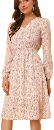 Floral Print V-Neck Long Sleeve Smocked Waist Midi Dress
