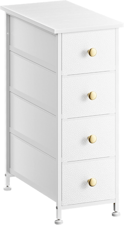 Narrow Dresser for Small Spaces, 4 Drawers Slim Chest of Drawers for Bedroom, Vertical Nights Stand/End Table, Metal Pull Handle for Closet Dorm Bathroom Office Laundry, White White & Gold 4 drawers