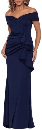 Xscape Women's Evenings Off The Shoulder Ruffle Scuba Gown
