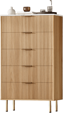 Fluted Wood Dresser 5 Drawers Dresser for Bedroom, Modern Chest of Drawers, Tall Brown Dresser with Faux Marble Top and Gold Handle, Wood Drawer Organizer for Bedroom, Living Room, Hallway, Entryway Oak 15.7"D x 27.6"W x 47.9"H (5 Drawers)