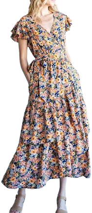 CHANELIA Women's Floral Ruffled Midi Dress