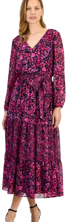 Kasper Women's Floral-Print Chiffon Tiered Dress