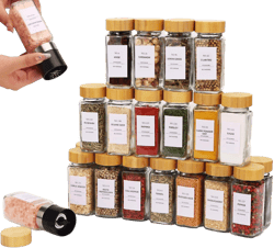 Spice Jars - 24 Pcs, Spice Jars with Labels, Glass Seasoning Jars with Bamboo Lids, Seasoning Containers,Empty Glass Spice Container Set , Seasoning Organizer, Kitchen Set, with Pepper Grinder 24pcs-Bamboo Lid
