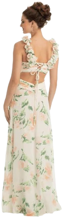 Floral Chiffon Ruffle Lace Up Back Dress