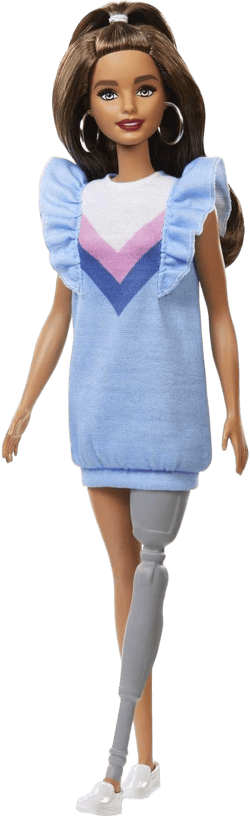 Barbie Fashionistas Doll #121 with Brown Hair & Prosthetic Leg Wearing Blue Sweater Dress & Accessories Including Shoes & Hoop Earrings