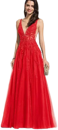 JJ's House A-Line V-Neck Floor-Length Lace Tulle Evening Dress with