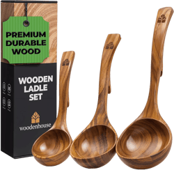 Wooden Ladle for Soup, 3 Size Teak Wood Ladle Spoon with Back Hooks for Pot & Bowl, Non-Stick Wooden Spoon Set for Cooking, Serving and Stirring 3 Size Set