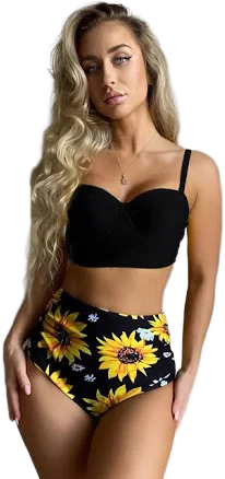 Romwe Women's Floral Boho Sunflower Print Push Up High Waisted Bikini