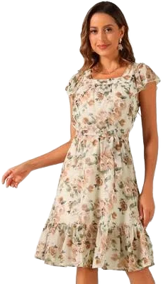 Floral Chiffon Flutter Sleeve Belted Square Neck Dress